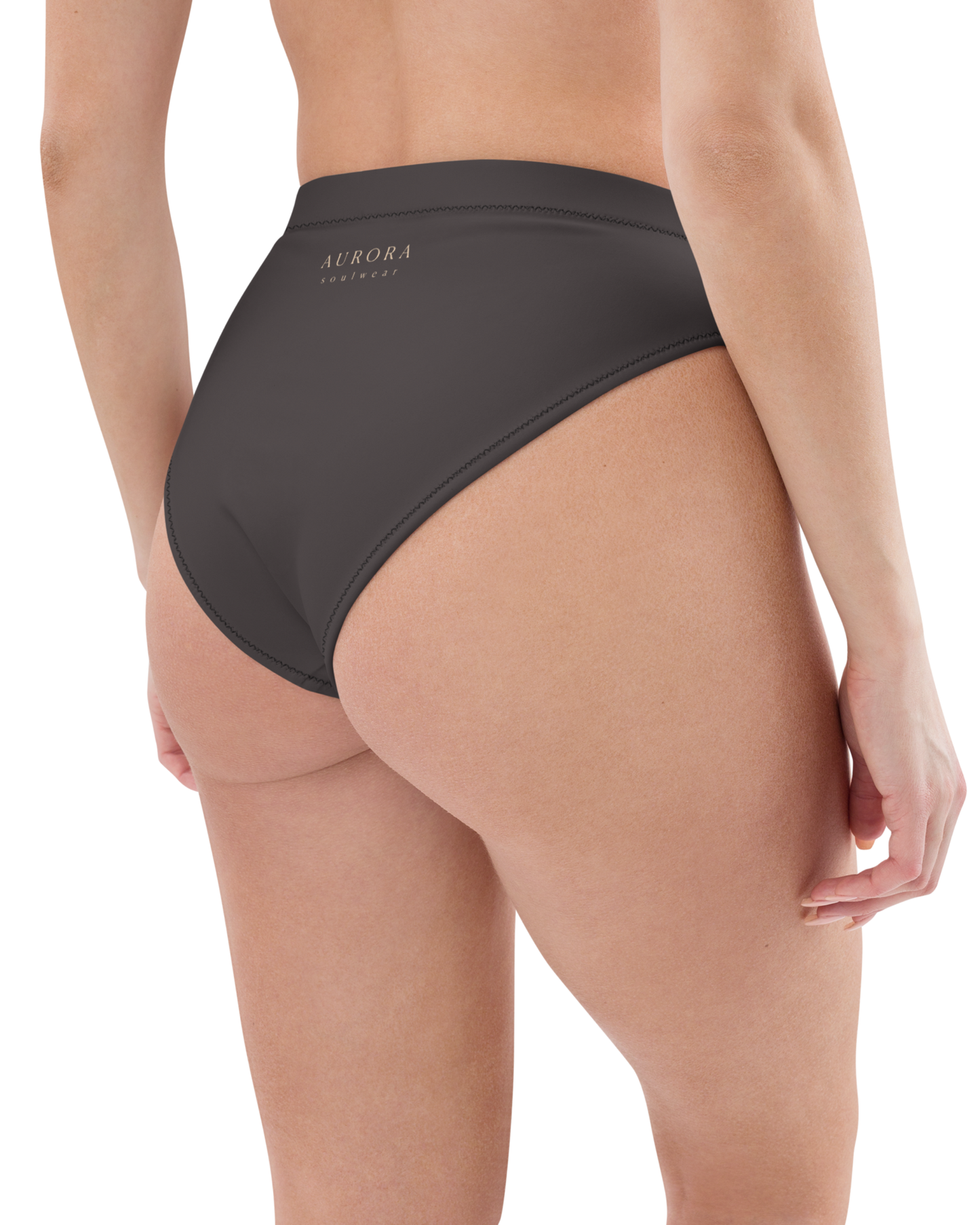 Cacau deep brown high-waisted bikini bottom, recycled fabric, Aurora Soulwear.
