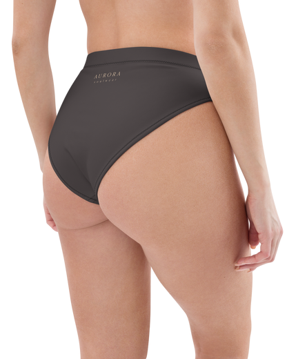 Cacau deep brown high-waisted bikini bottom, recycled fabric, Aurora Soulwear.

