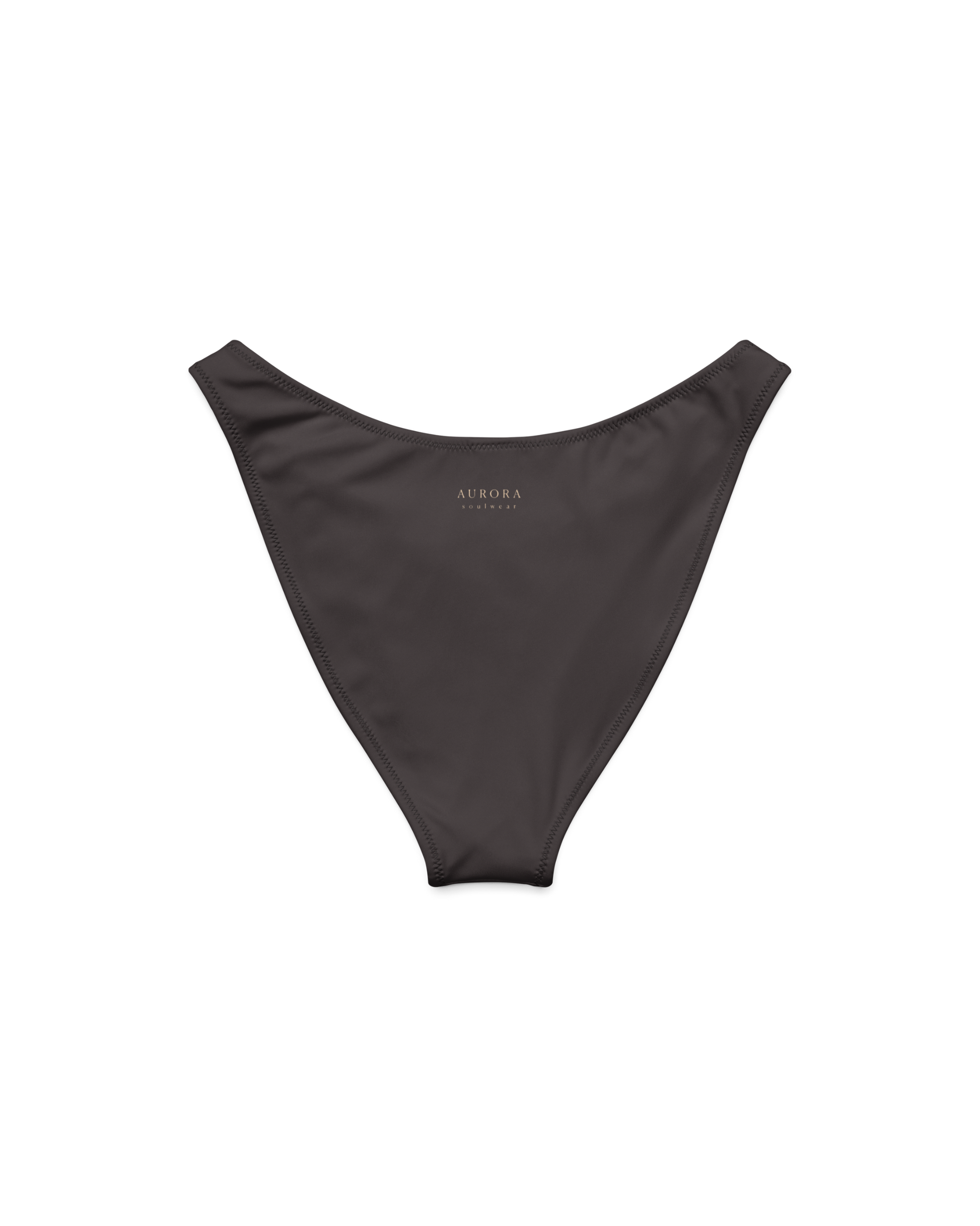 Cacau deep brown high-cut bikini bottom with V back, recycled fabric, Aurora Soulwear.