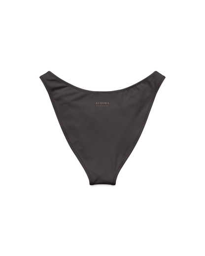 Cacau deep brown high-cut bikini bottom with V back, recycled fabric, Aurora Soulwear.