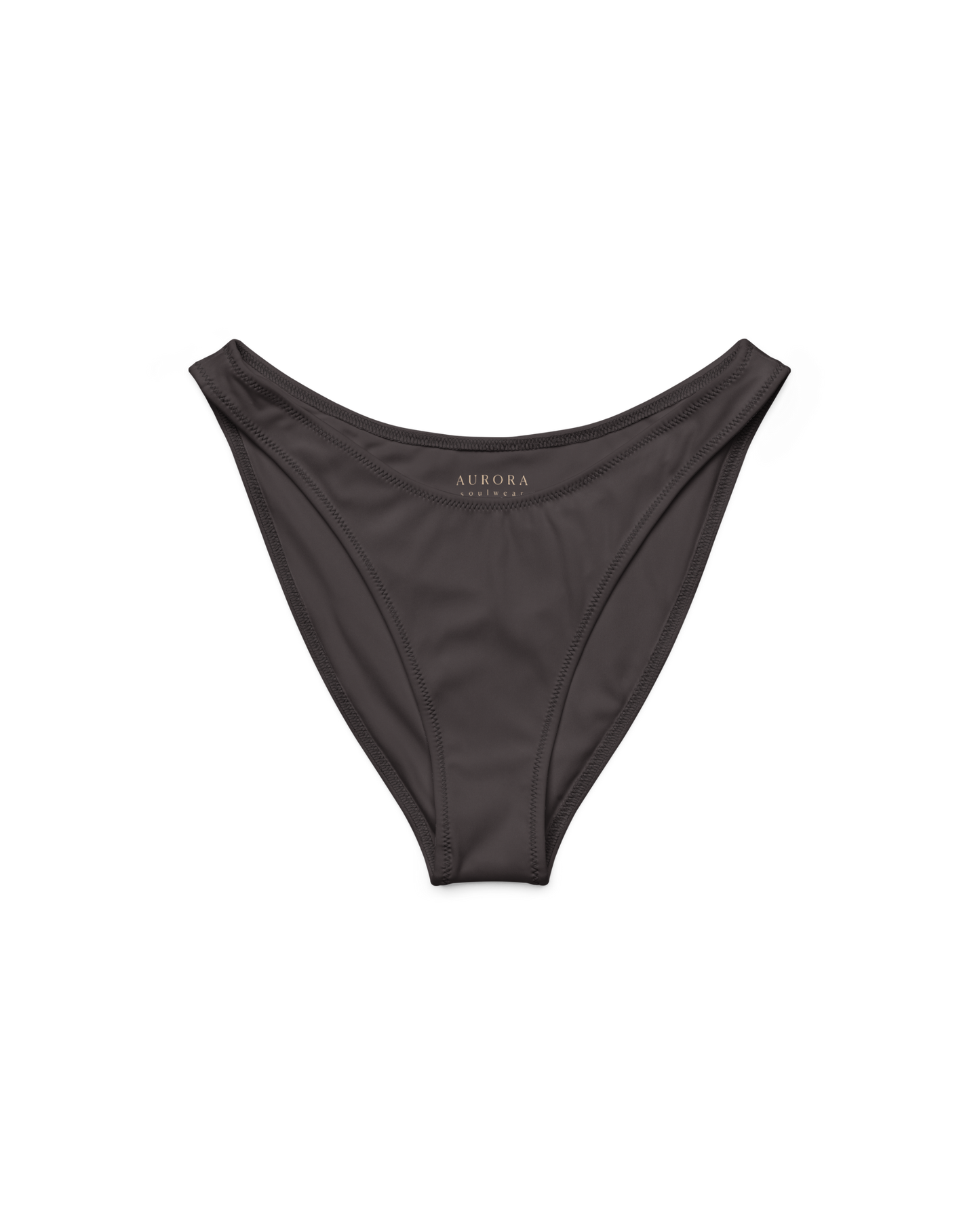 Cacau deep brown high-cut bikini bottom with V back, recycled fabric, Aurora Soulwear.