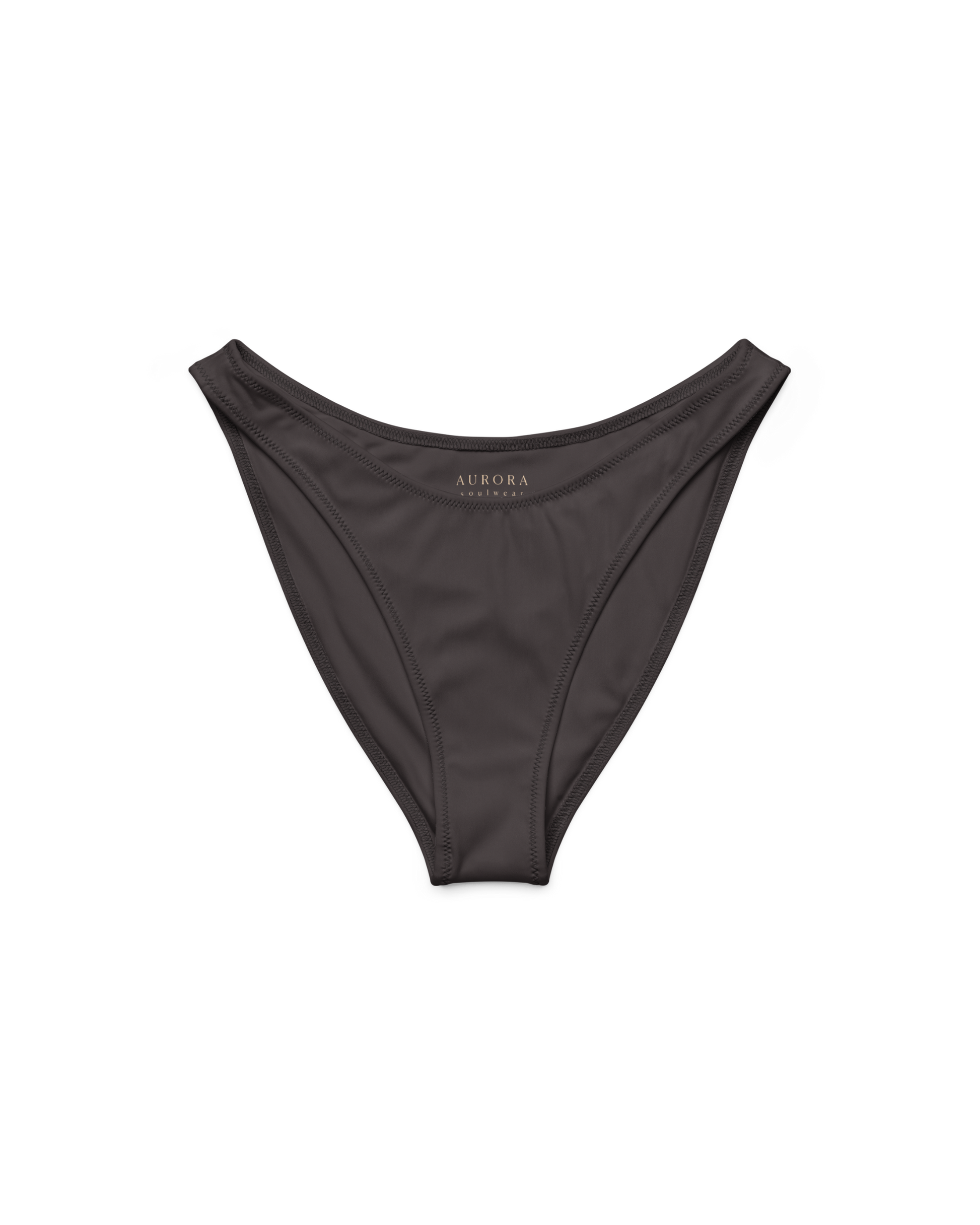 Cacau deep brown high-cut bikini bottom with V back, recycled fabric, Aurora Soulwear.