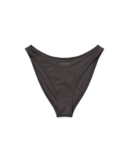 Cacau deep brown high-cut bikini bottom with V back, recycled fabric, Aurora Soulwear.