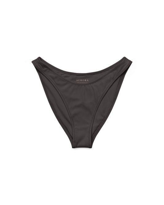 Cacau deep brown high-cut bikini bottom with V back, recycled fabric, Aurora Soulwear.