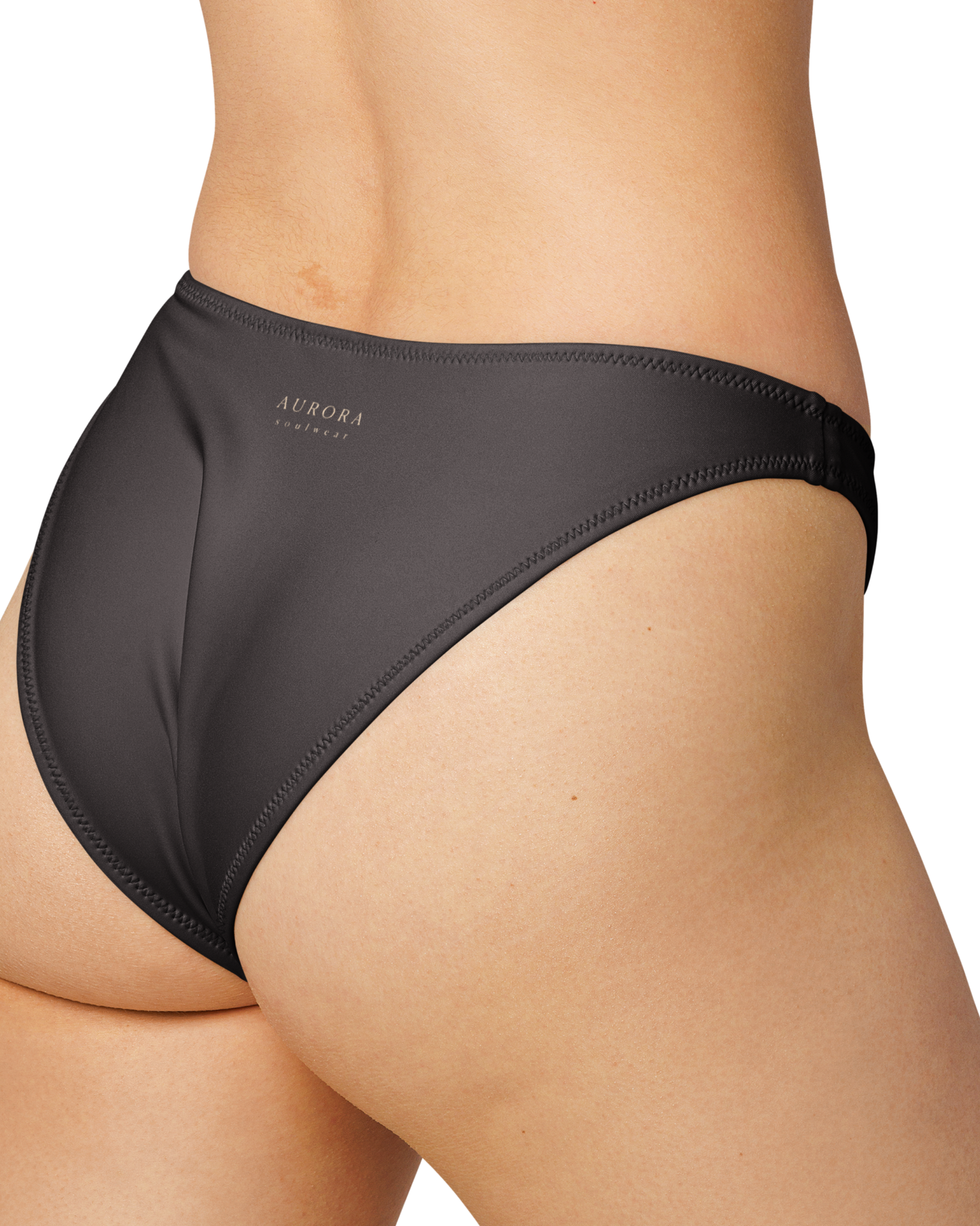 Cacau deep brown high-cut bikini bottom with V back, recycled fabric, Aurora Soulwear.
