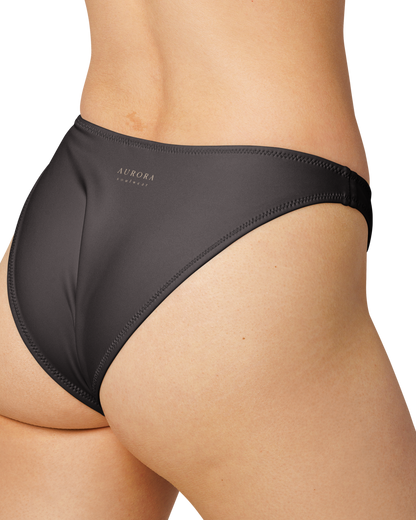 Cacau deep brown high-cut bikini bottom with V back, recycled fabric, Aurora Soulwear.