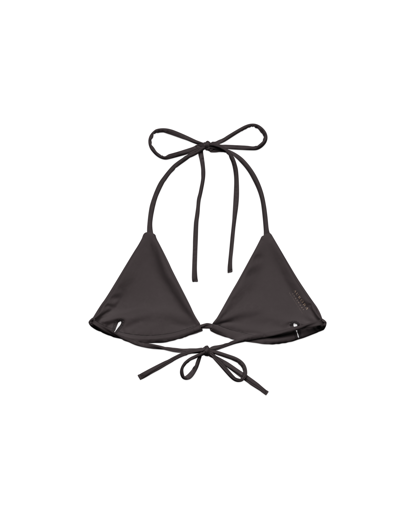 Cacau deep brown triangle bikini top with adjustable ties, recycled fabric, Aurora Soulwear.

