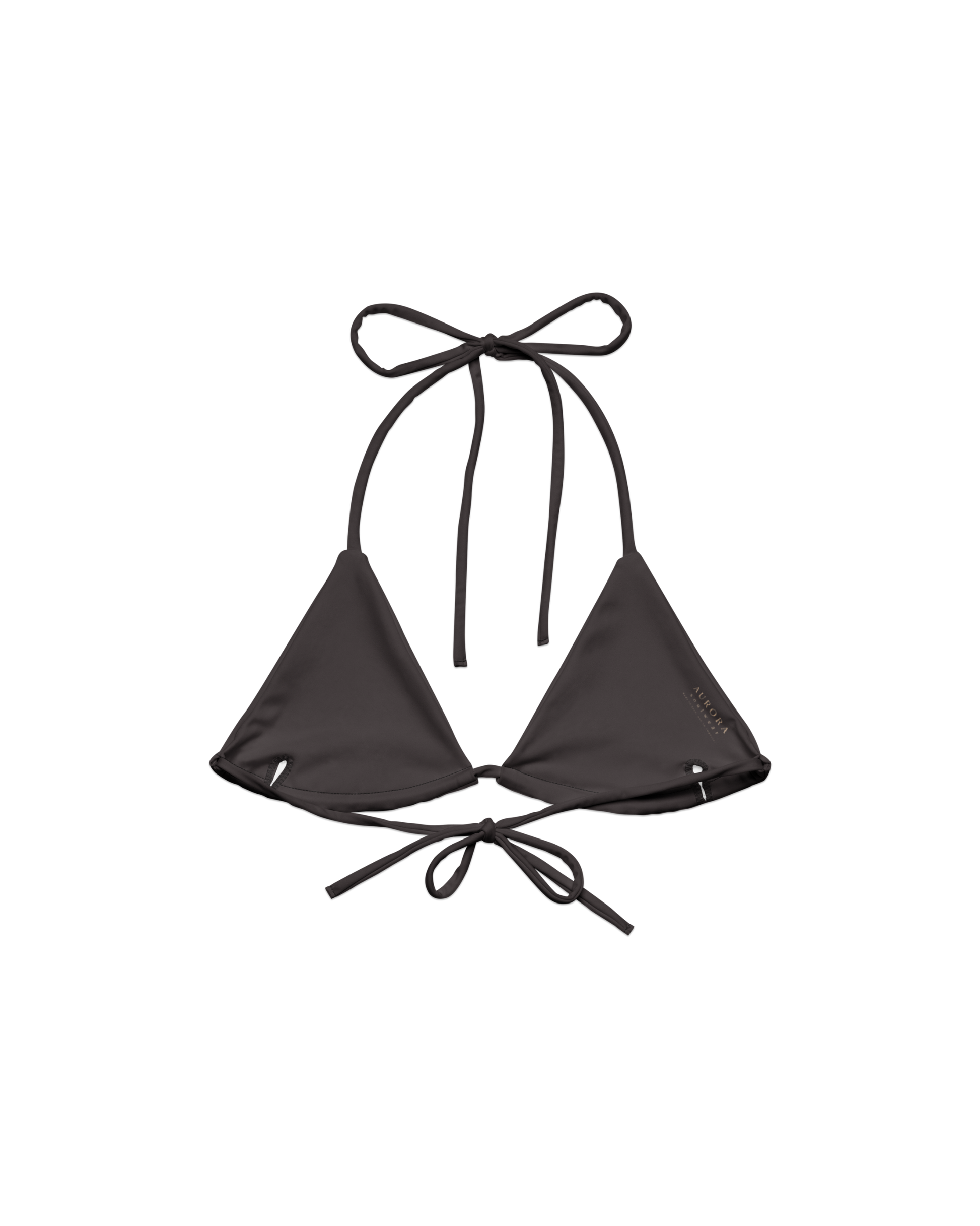 Cacau deep brown triangle bikini top with adjustable ties, recycled fabric, Aurora Soulwear.
