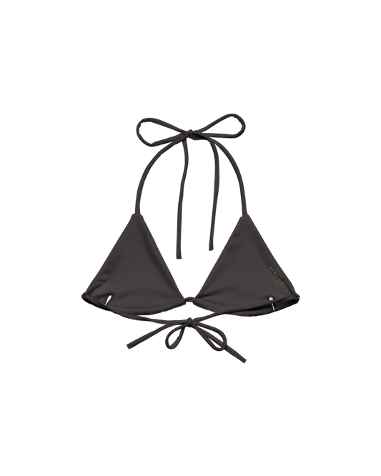 Cacau deep brown triangle bikini top with adjustable ties, recycled fabric, Aurora Soulwear.
