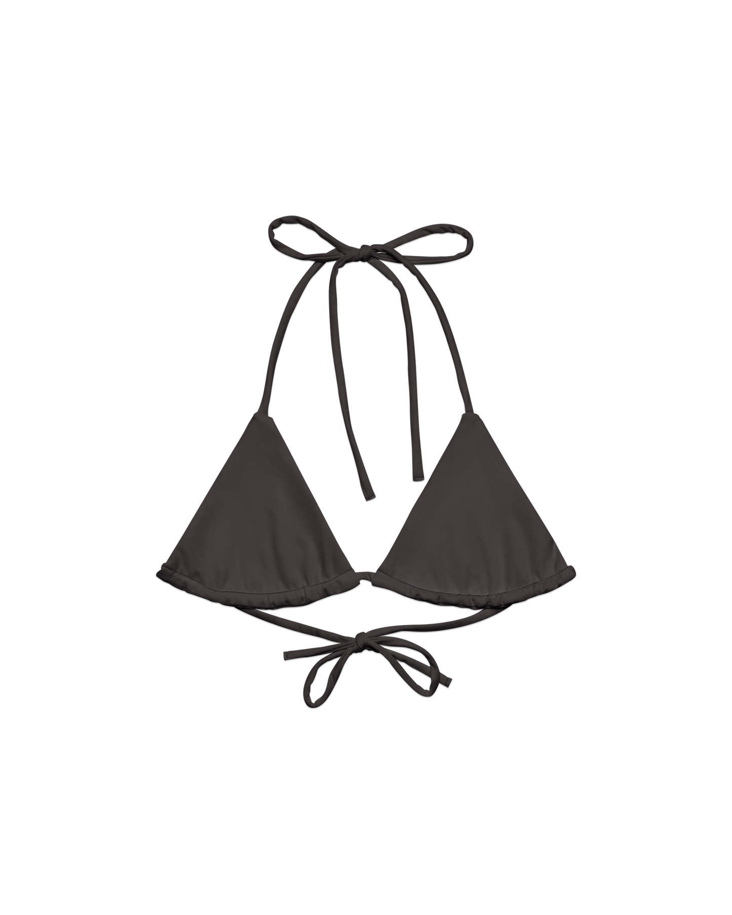 Cacau deep brown triangle bikini top with adjustable ties, recycled fabric, Aurora Soulwear.
