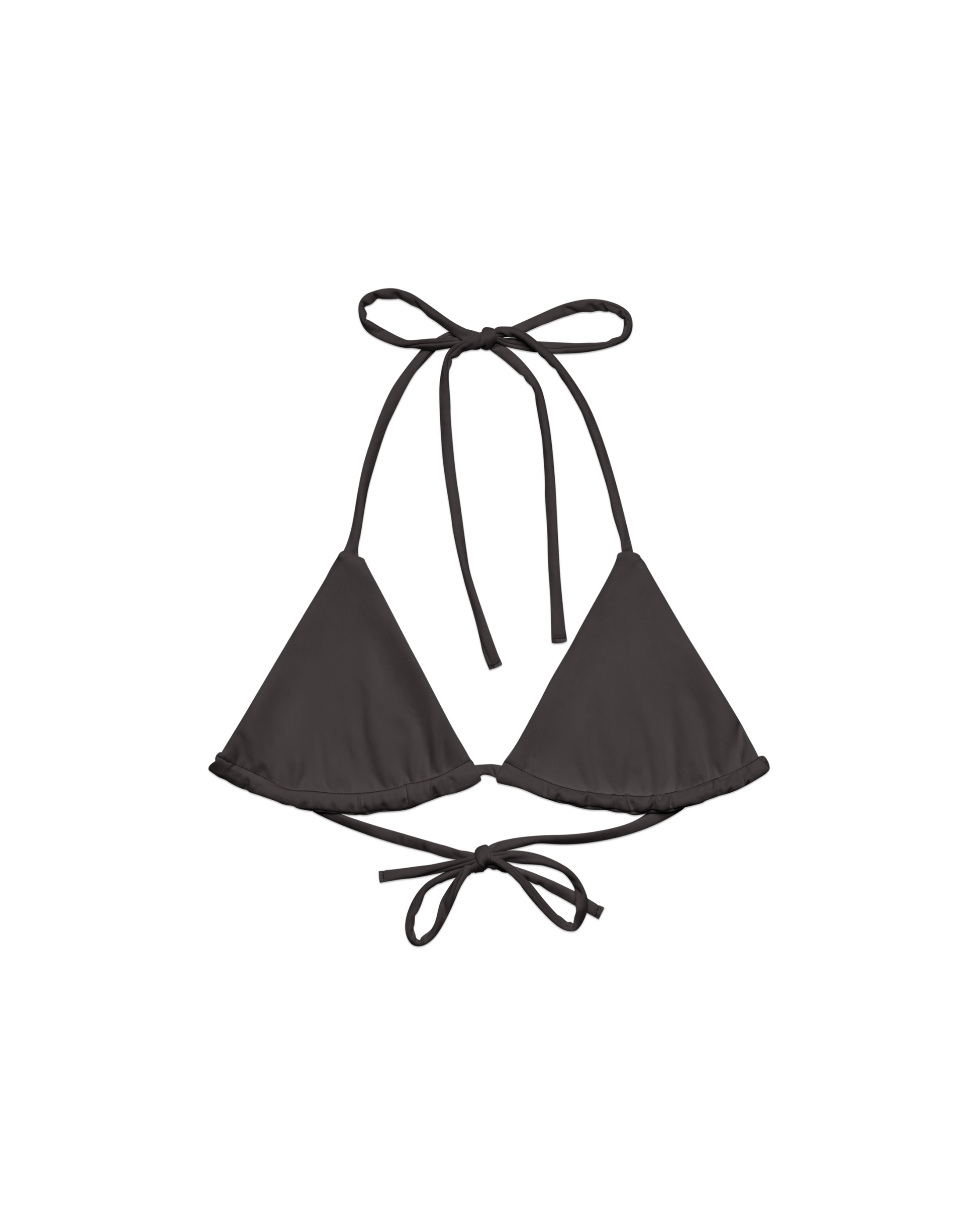 Cacau deep brown triangle bikini top with adjustable ties, recycled fabric, Aurora Soulwear.
