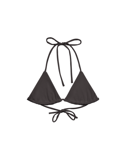 Cacau deep brown triangle bikini top with adjustable ties, recycled fabric, Aurora Soulwear.
