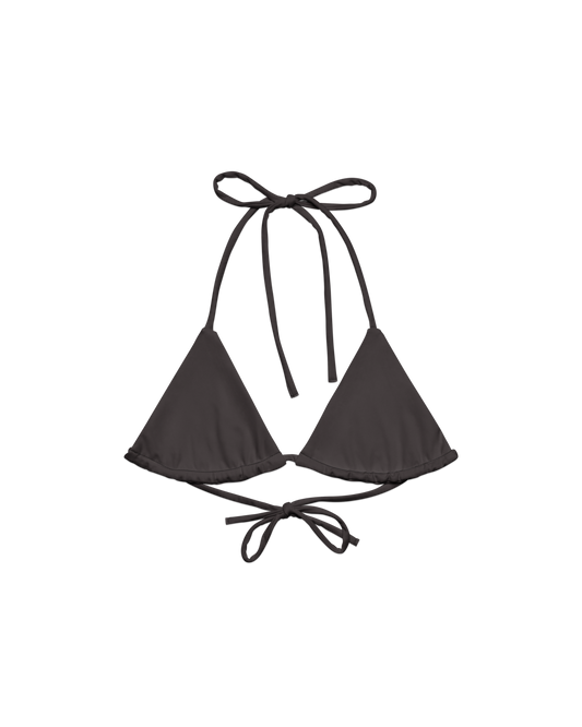 Cacau deep brown triangle bikini top with adjustable ties, recycled fabric, Aurora Soulwear.
