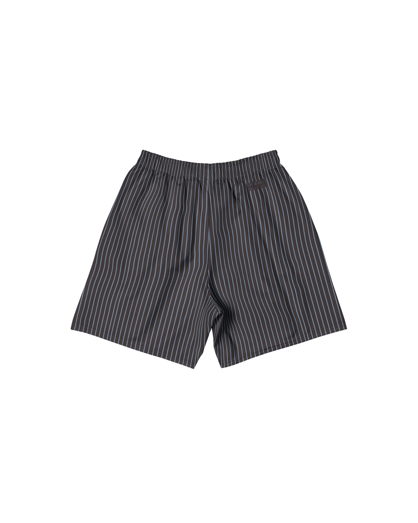 Cacau long shorts in deep brown with fine stripes and pockets, recycled fabric, Aurora Soulwear.
