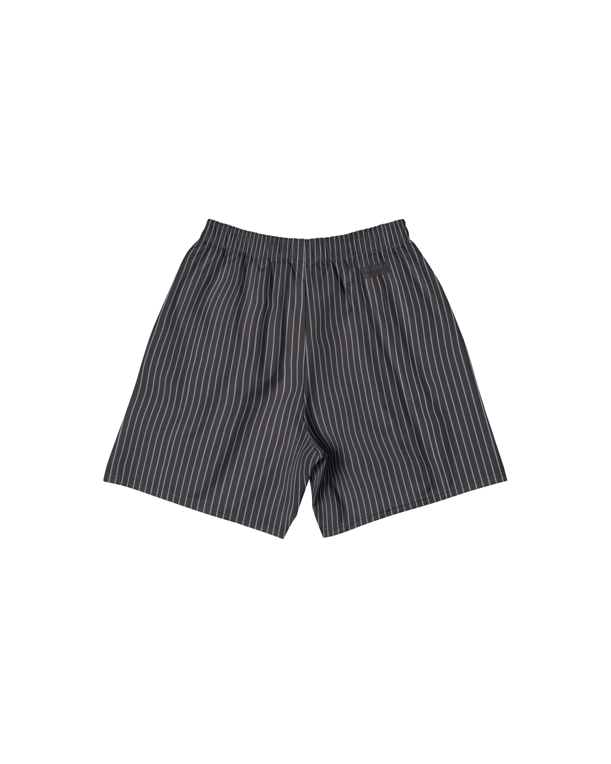 Cacau long shorts in deep brown with fine stripes and pockets, recycled fabric, Aurora Soulwear.
