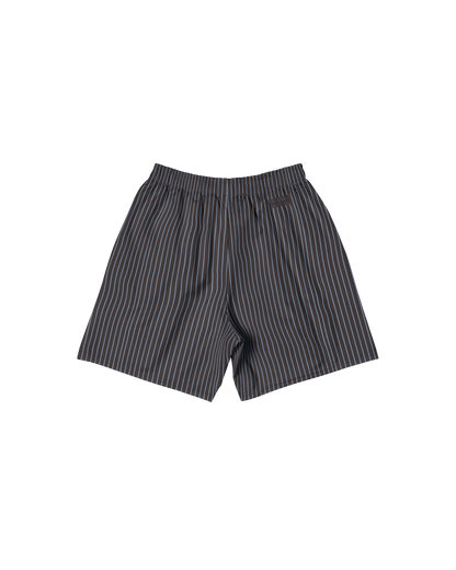 Cacau long shorts in deep brown with fine stripes and pockets, recycled fabric, Aurora Soulwear.
