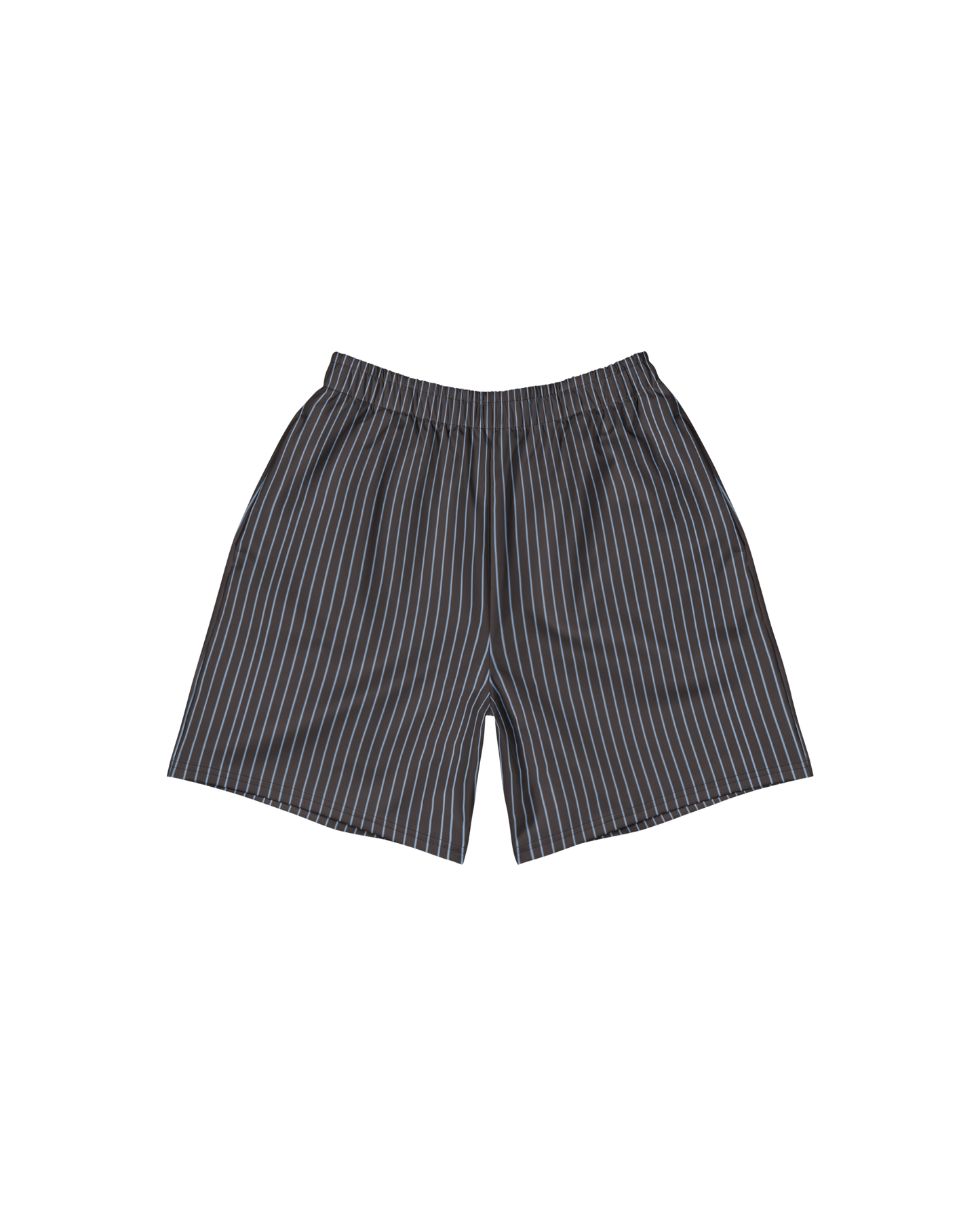 Cacau long shorts in deep brown with fine stripes and pockets, recycled fabric, Aurora Soulwear.
