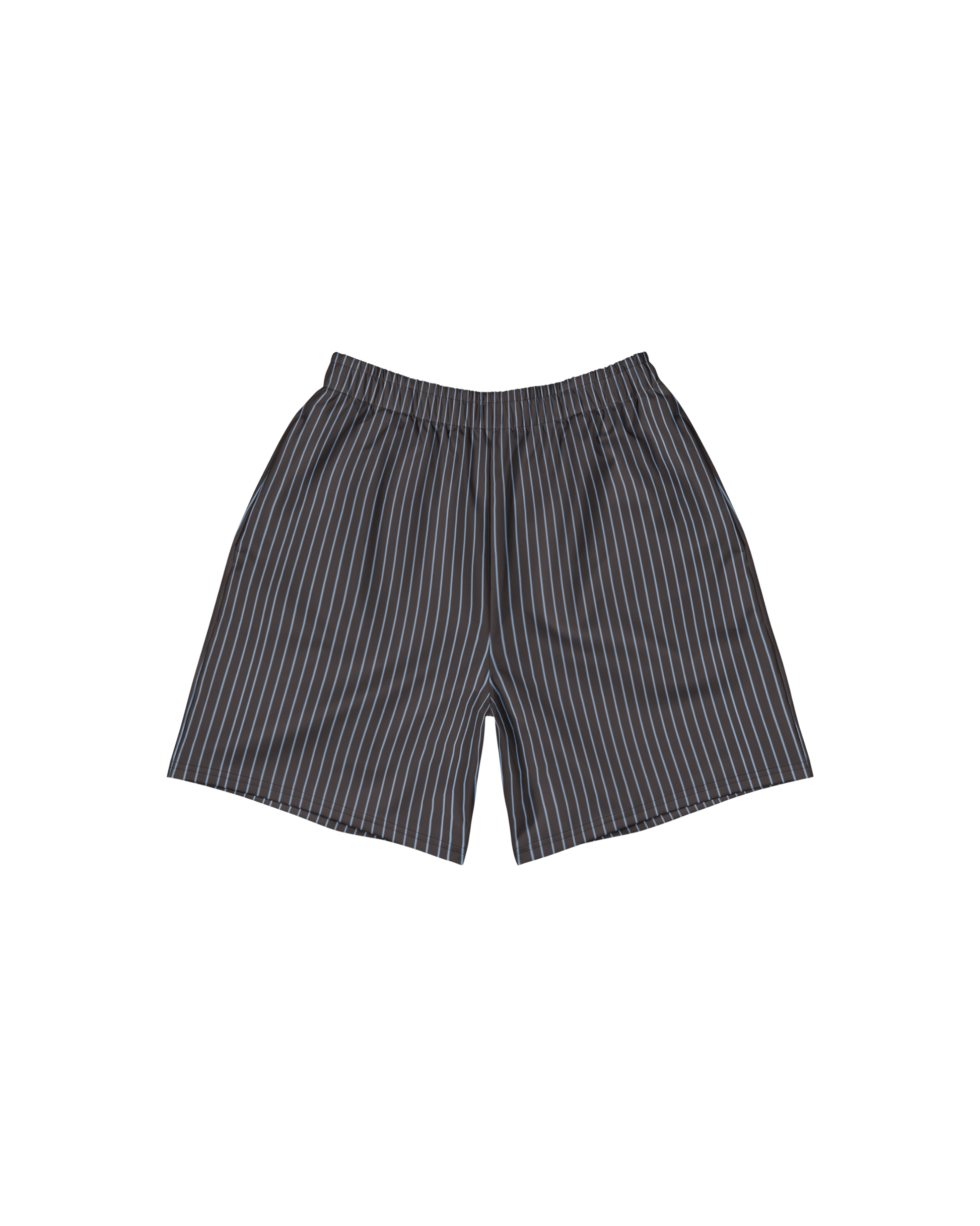 Cacau long shorts in deep brown with fine stripes and pockets, recycled fabric, Aurora Soulwear.
