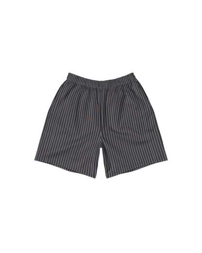 Cacau long shorts in deep brown with fine stripes and pockets, recycled fabric, Aurora Soulwear.
