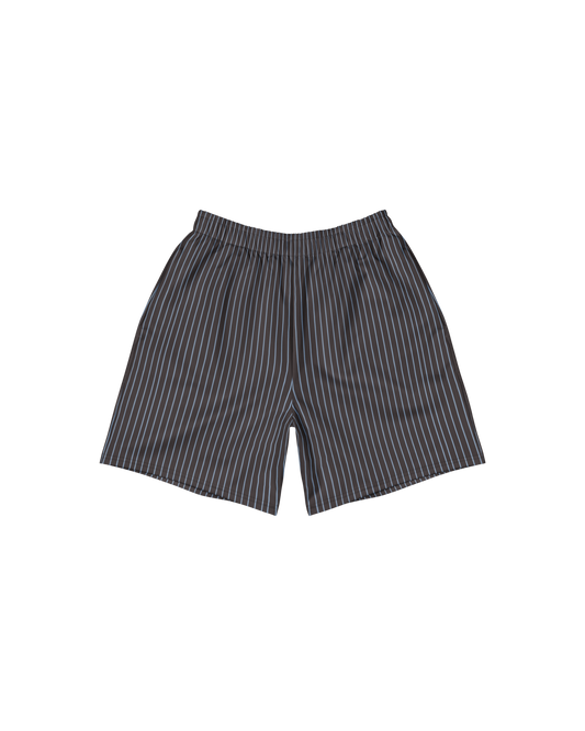 Cacau long shorts in deep brown with fine stripes and pockets, recycled fabric, Aurora Soulwear.
