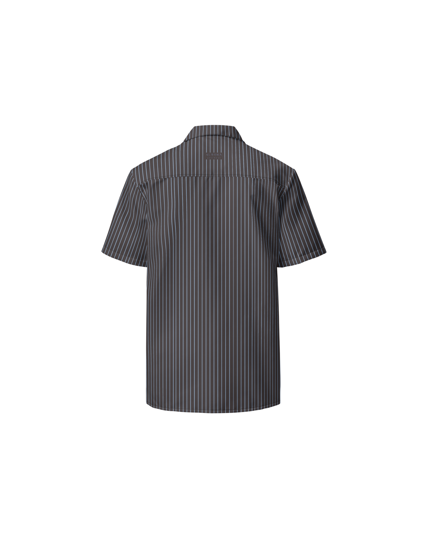 Cacau oversized shirt in deep brown with fine stripes, recycled fabric, Aurora Soulwear.
