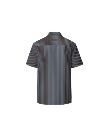 Cacau oversized shirt in deep brown with fine stripes, recycled fabric, Aurora Soulwear.
