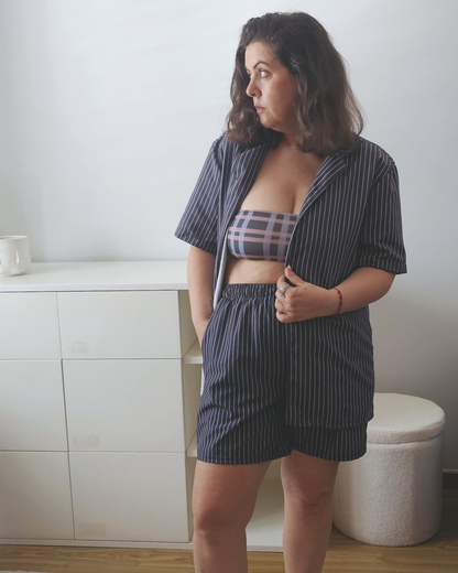 Cacau oversized shirt in deep brown with fine stripes, recycled fabric, Aurora Soulwear.