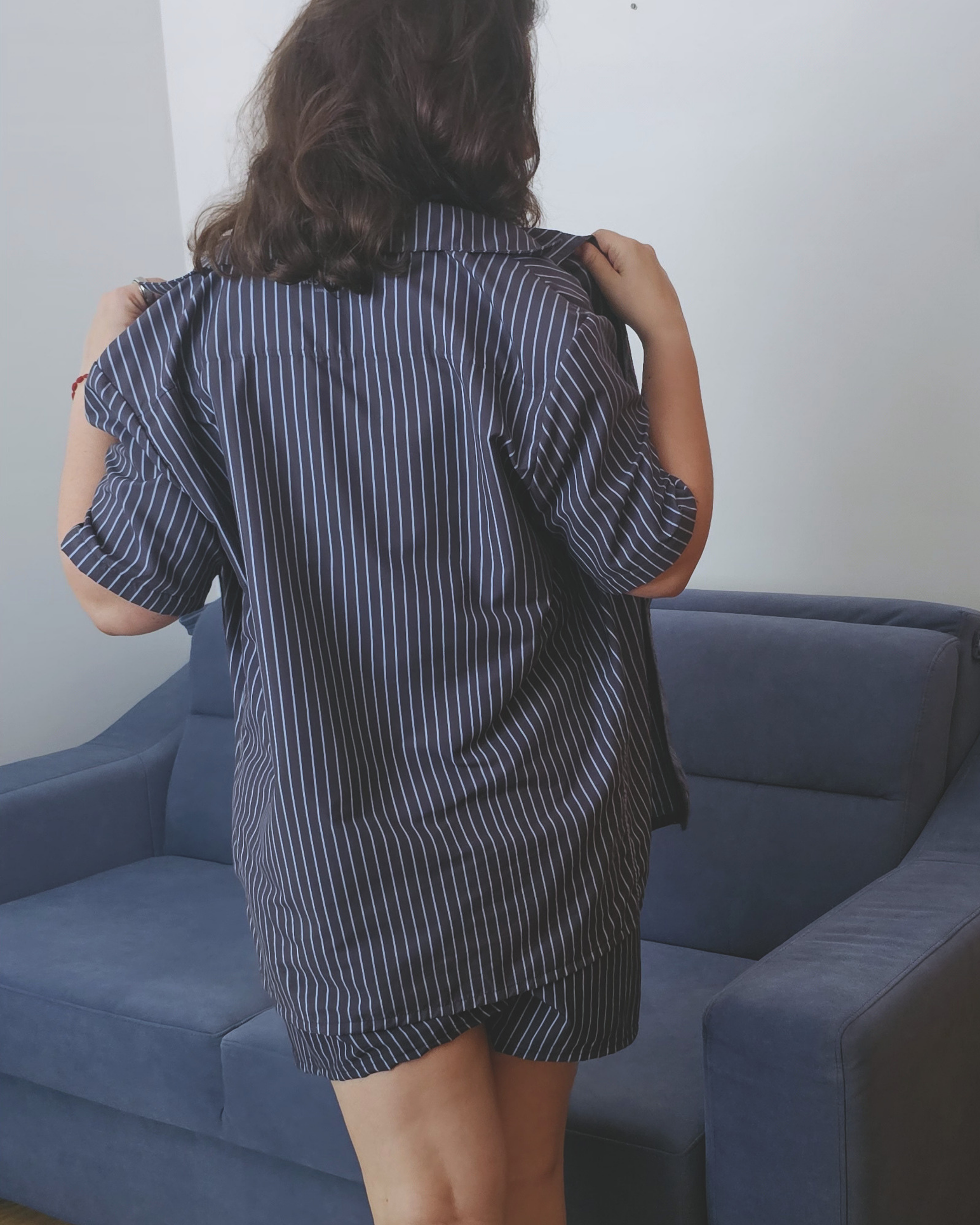 Cacau oversized shirt in deep brown with fine stripes, recycled fabric, Aurora Soulwear.