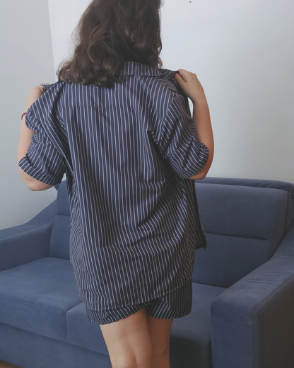 Cacau oversized shirt in deep brown with fine stripes, recycled fabric, Aurora Soulwear.