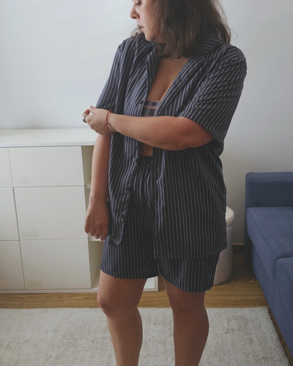 Cacau oversized shirt in deep brown with fine stripes, recycled fabric, Aurora Soulwear.