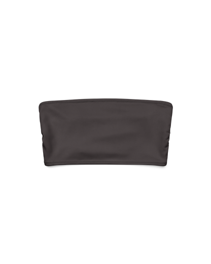 Cacau deep brown bandeau bikini top, recycled fabric, Aurora Soulwear.
