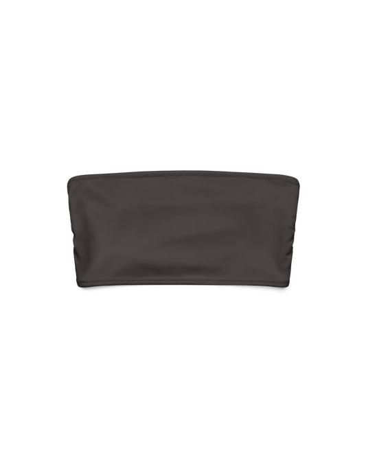 Cacau deep brown bandeau bikini top, recycled fabric, Aurora Soulwear.
