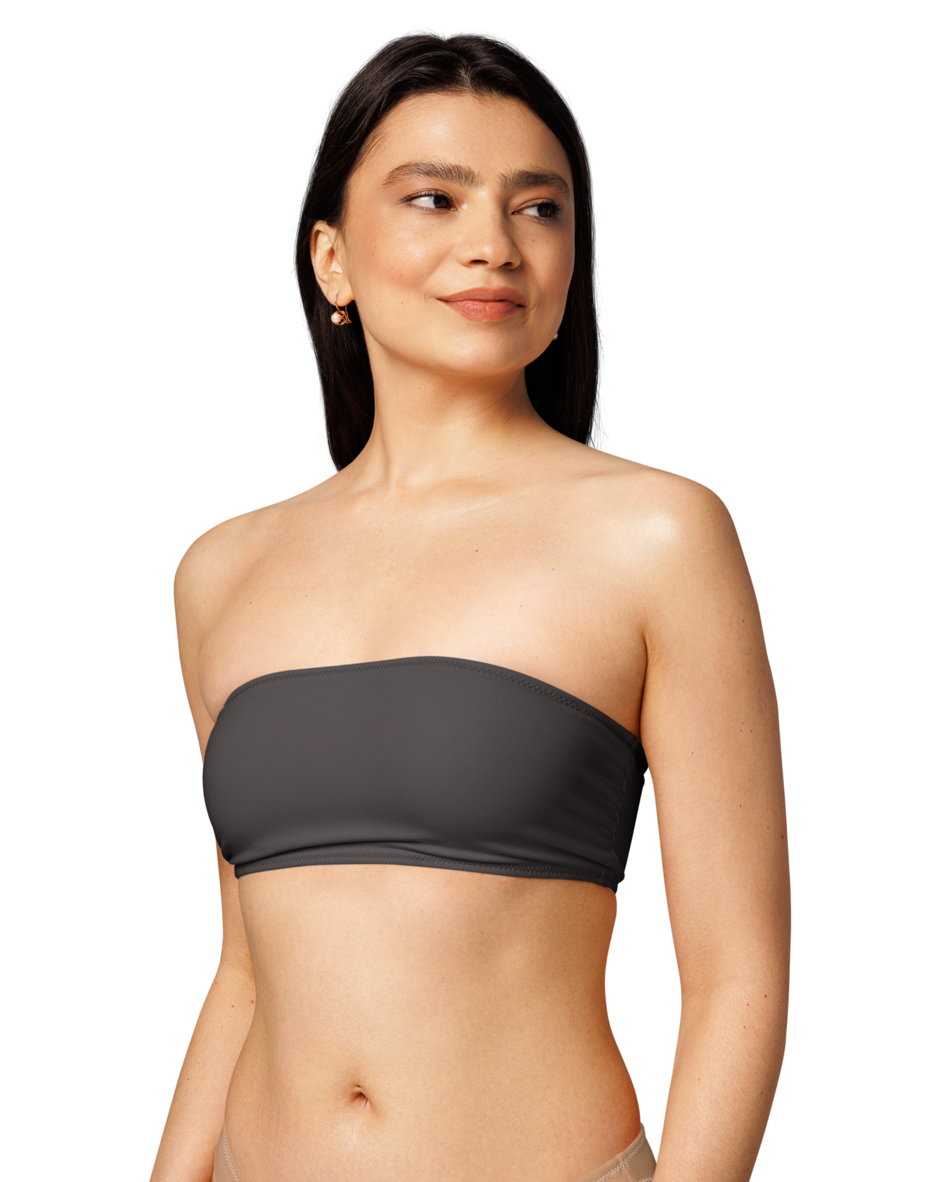 Cacau deep brown bandeau bikini top, recycled fabric, Aurora Soulwear.
