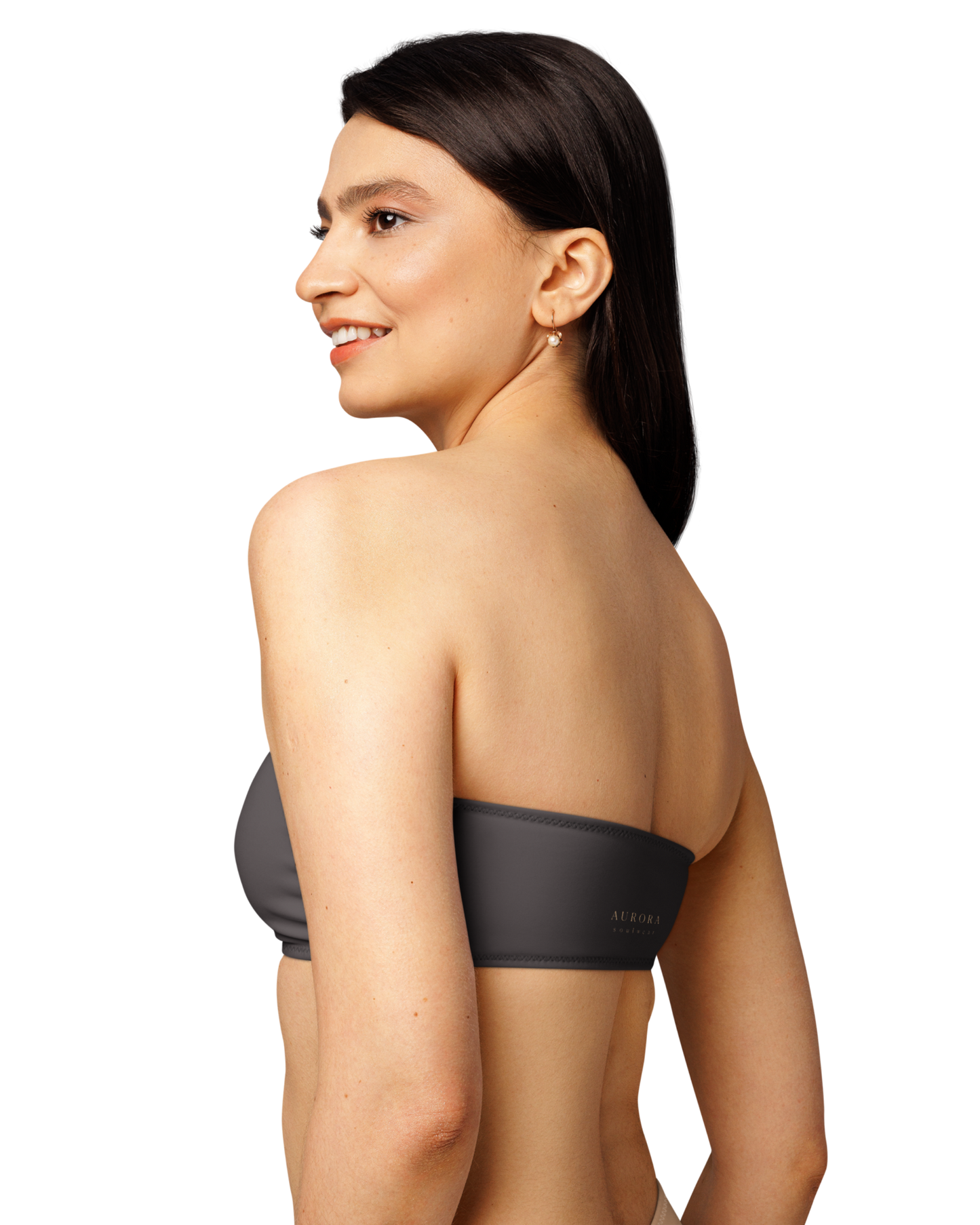 Cacau deep brown bandeau bikini top, recycled fabric, Aurora Soulwear.
