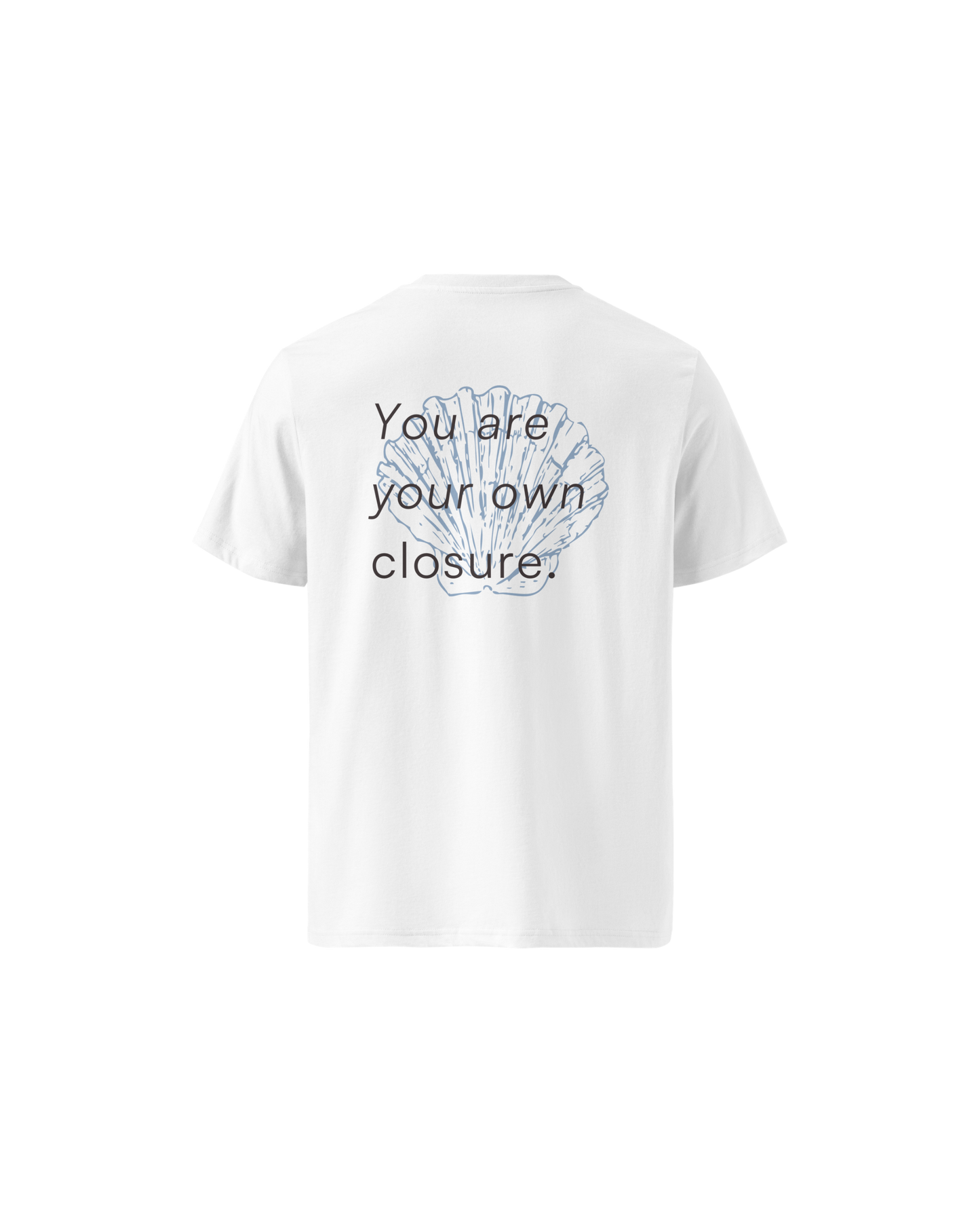 White organic cotton t-shirt with a small shell print on the chest, Aurora Soulwear.
