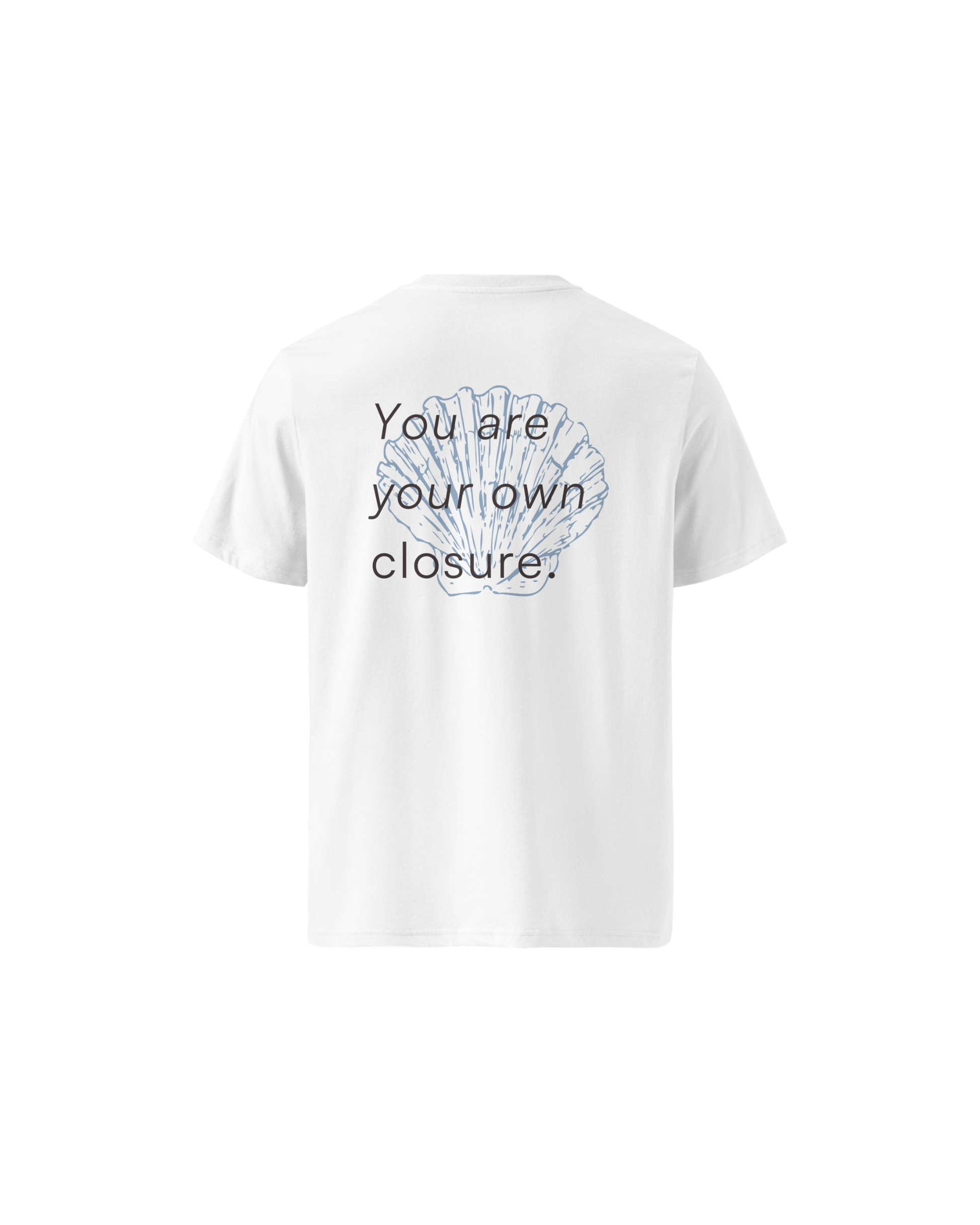 White organic cotton t-shirt with a small shell print on the chest, Aurora Soulwear.
