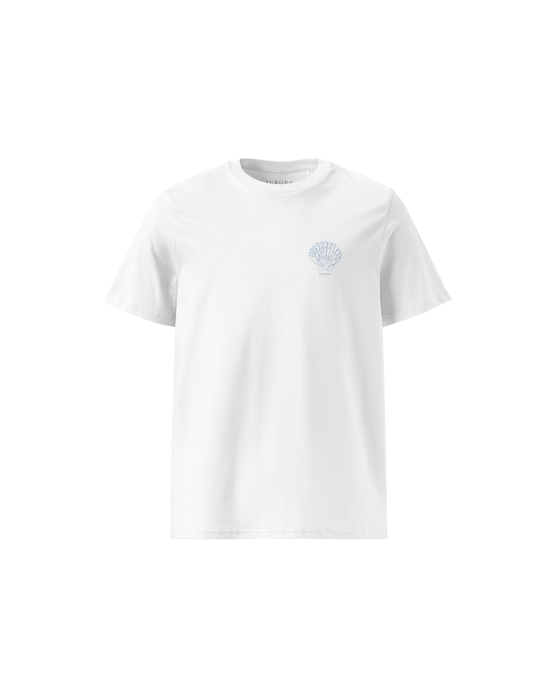 White organic cotton t-shirt with a small shell print on the chest, Aurora Soulwear.
