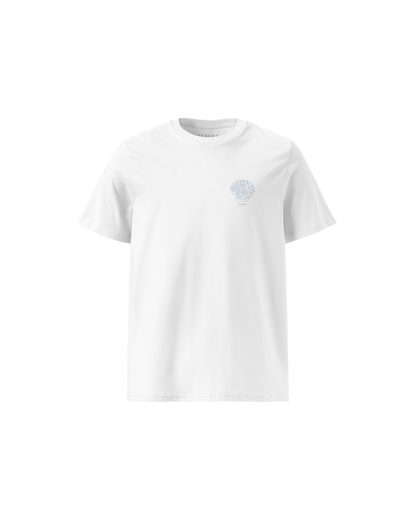 White organic cotton t-shirt with a small shell print on the chest, Aurora Soulwear.
