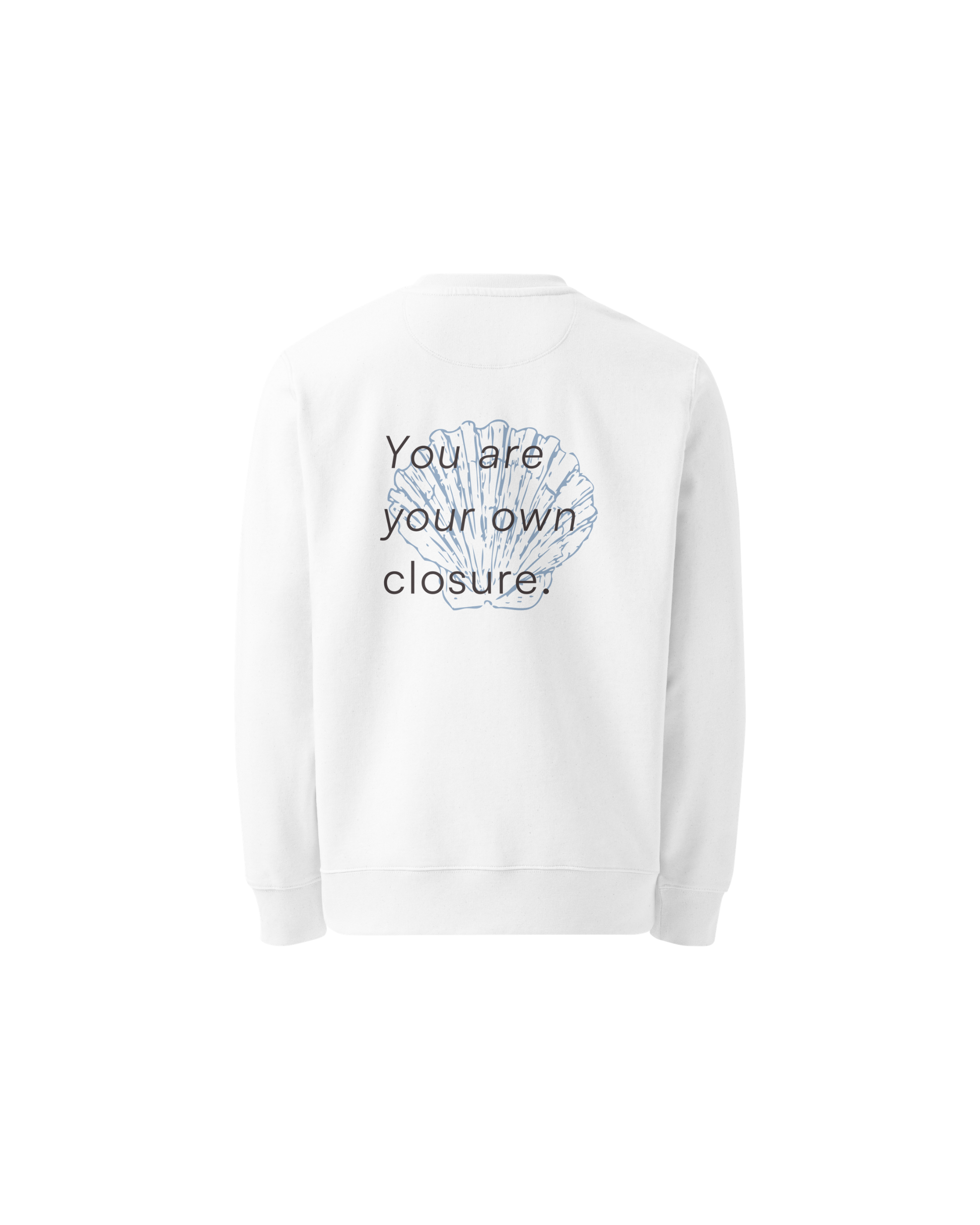 White organic sweater with a small shell print on the chest, Aurora Soulwear.