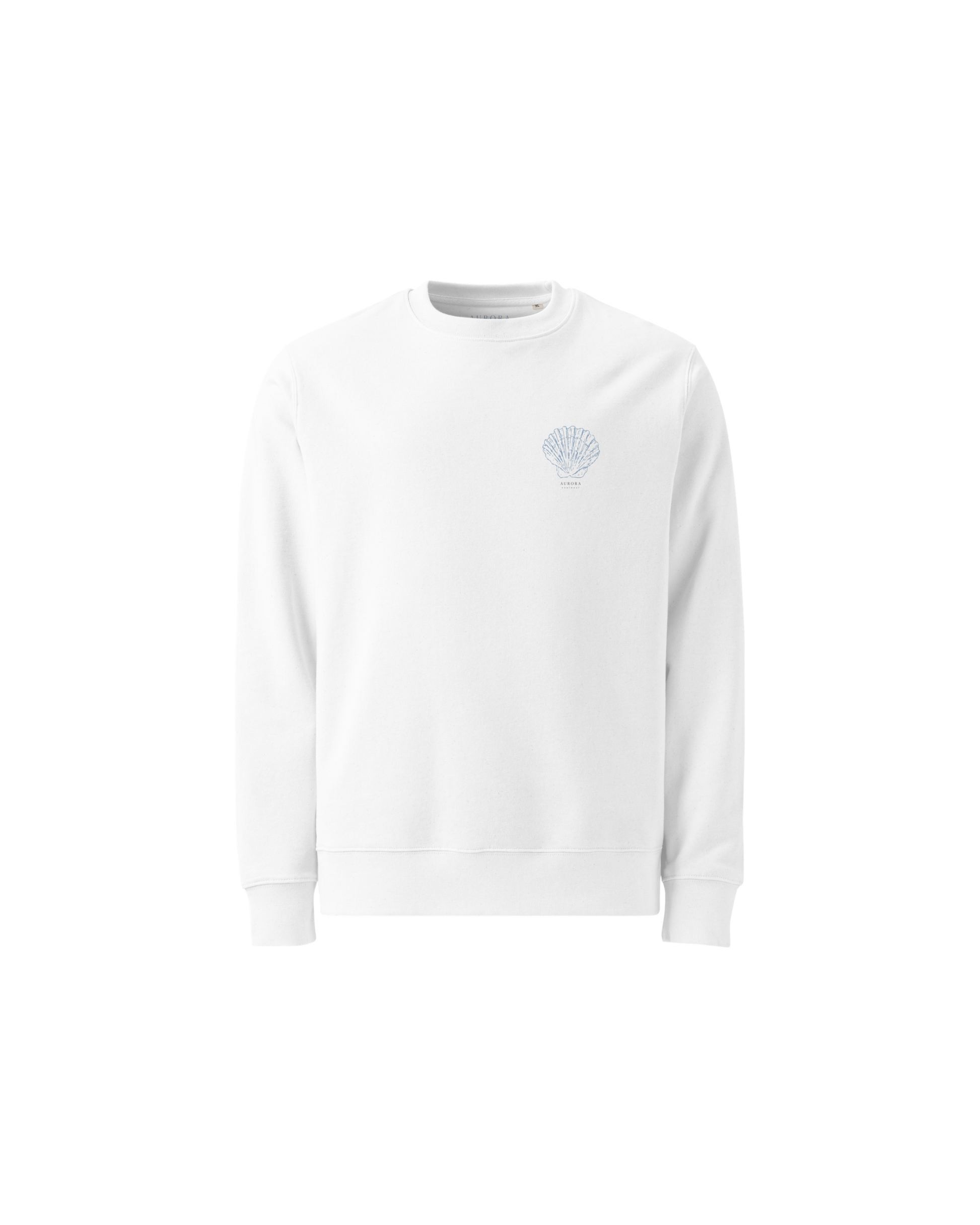 White organic sweater with a small shell print on the chest, Aurora Soulwear.