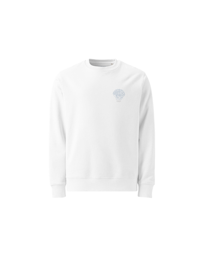 White organic sweater with a small shell print on the chest, Aurora Soulwear.