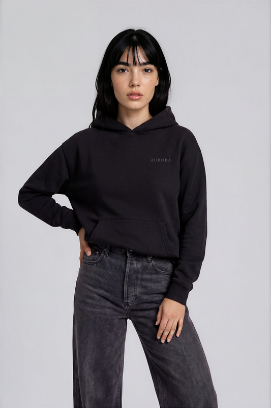 Calm Organic Hoodie in black with Aurora chest detail