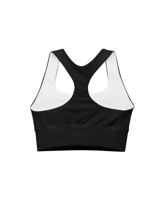 Calm Recycled Sport Top in black with brand back detail