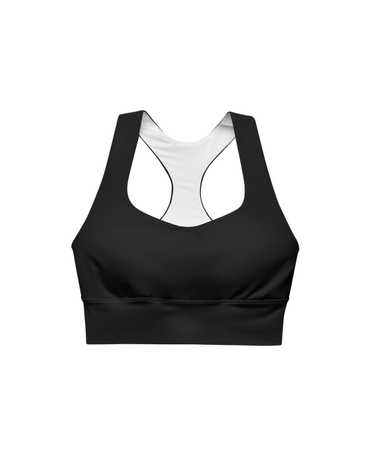 Calm Recycled Sport Top in black with brand back detail