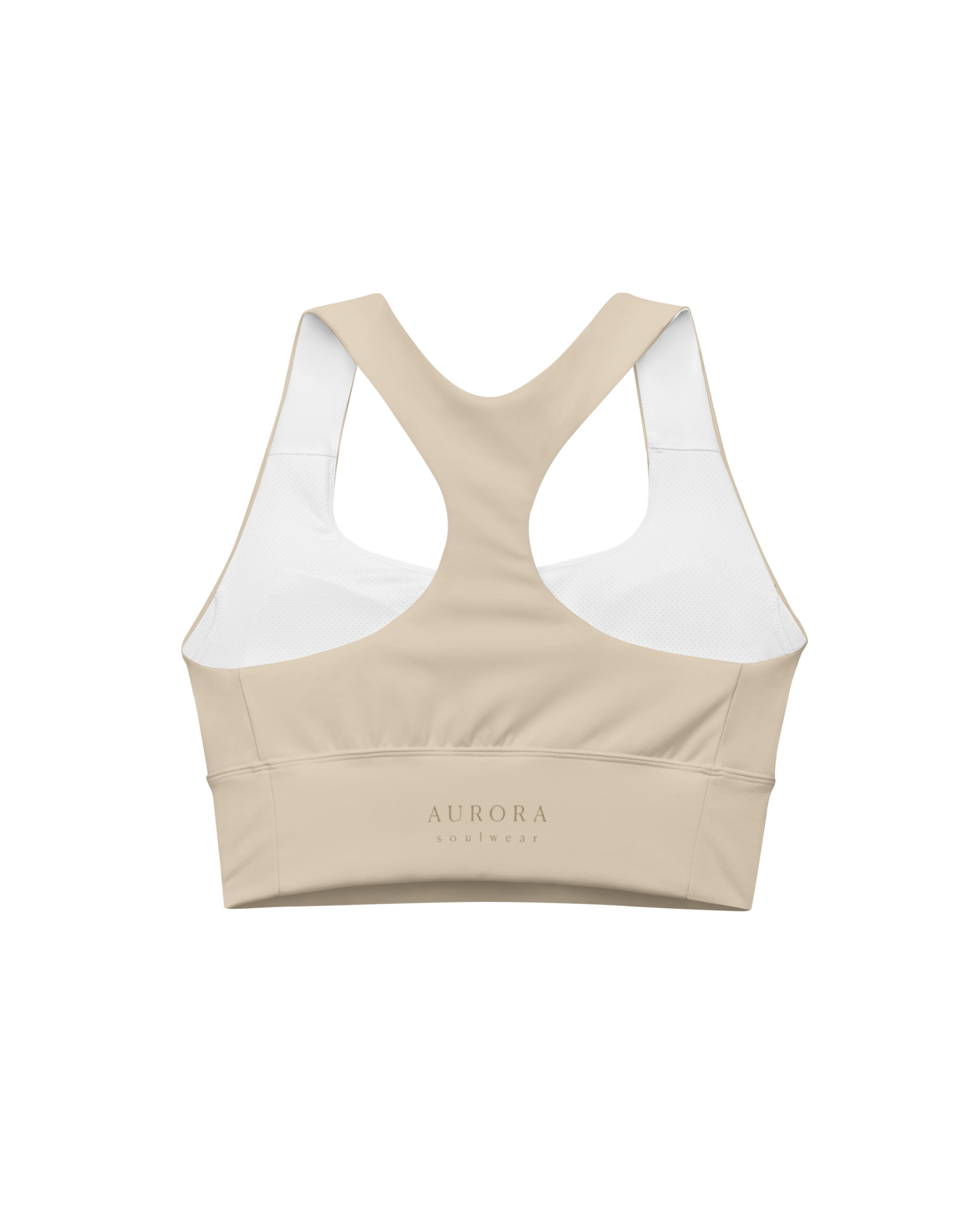 Calm Recycled Sport Top in desert tone with brand back detail