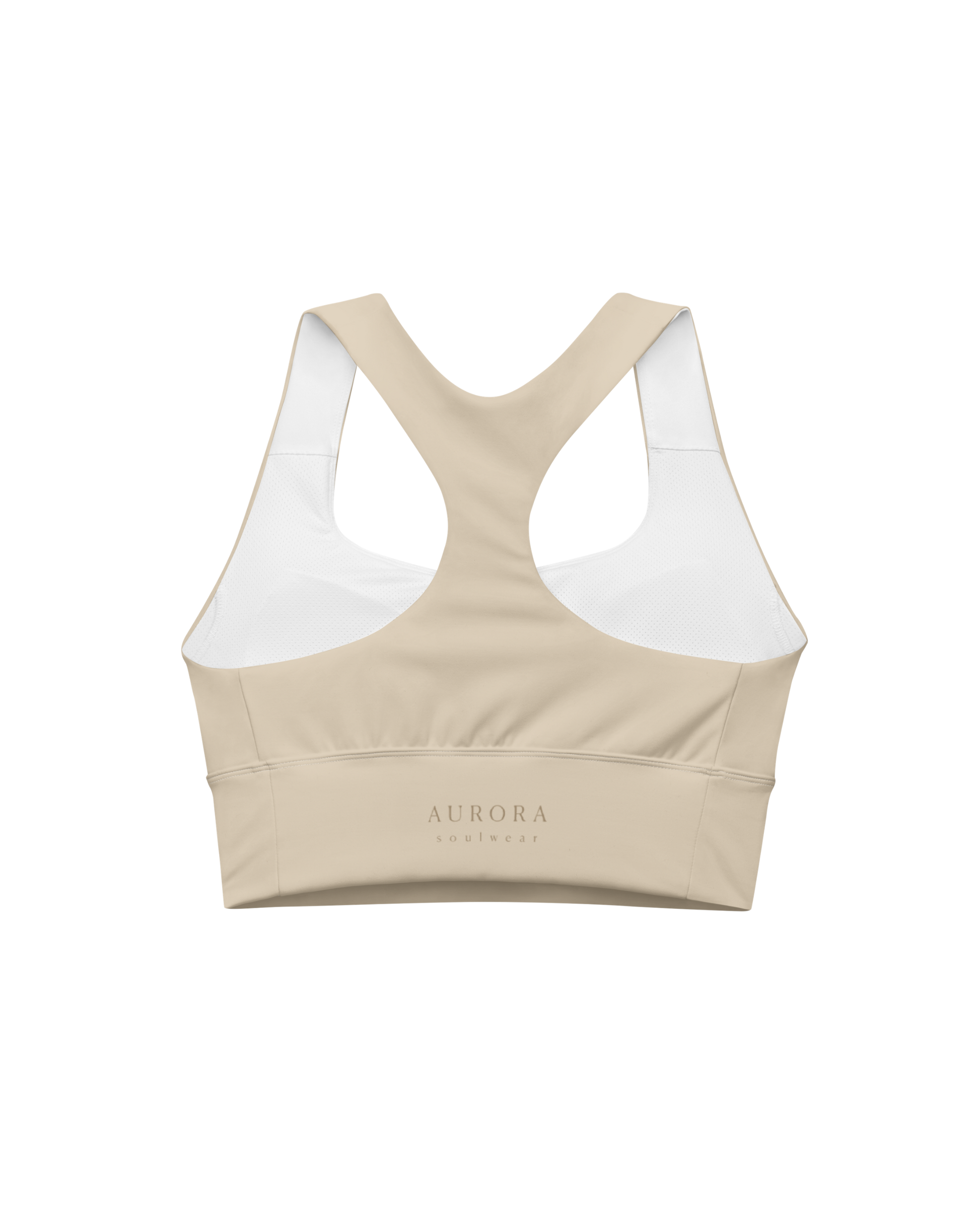 Calm Recycled Sport Top in desert tone with brand back detail