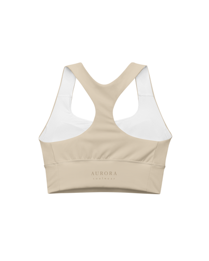 Calm Recycled Sport Top in desert tone with brand back detail