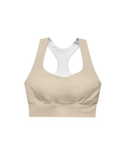 Calm Recycled Sport Top in desert tone with brand back detail