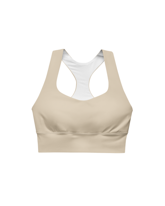 Calm Recycled Sport Top in desert tone with brand back detail