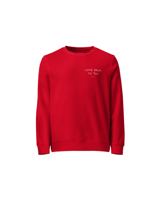 Come Back To You Blend Sweater in red with Come Back To You chest print